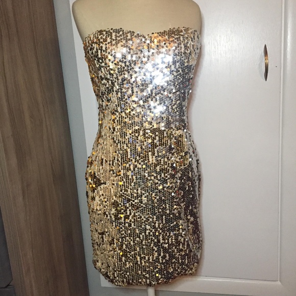 NYE Gold Sequin Shimmer Strapless Dress - Picture 1 of 5
